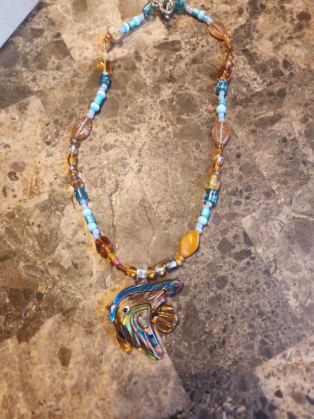 Blue and Amber Glass Fish Pendant Beaded Necklace - Women Jewelry